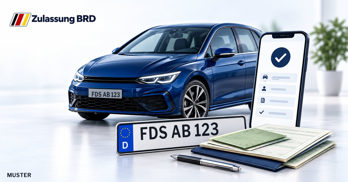 Online Fahrzeugzulassung in Freudenstadt: Musterkennzeichen FDS AB 123, Auto und Fahrzeugpapiere und Smartphone. Illustration mit Logo von Zulassung BRD.